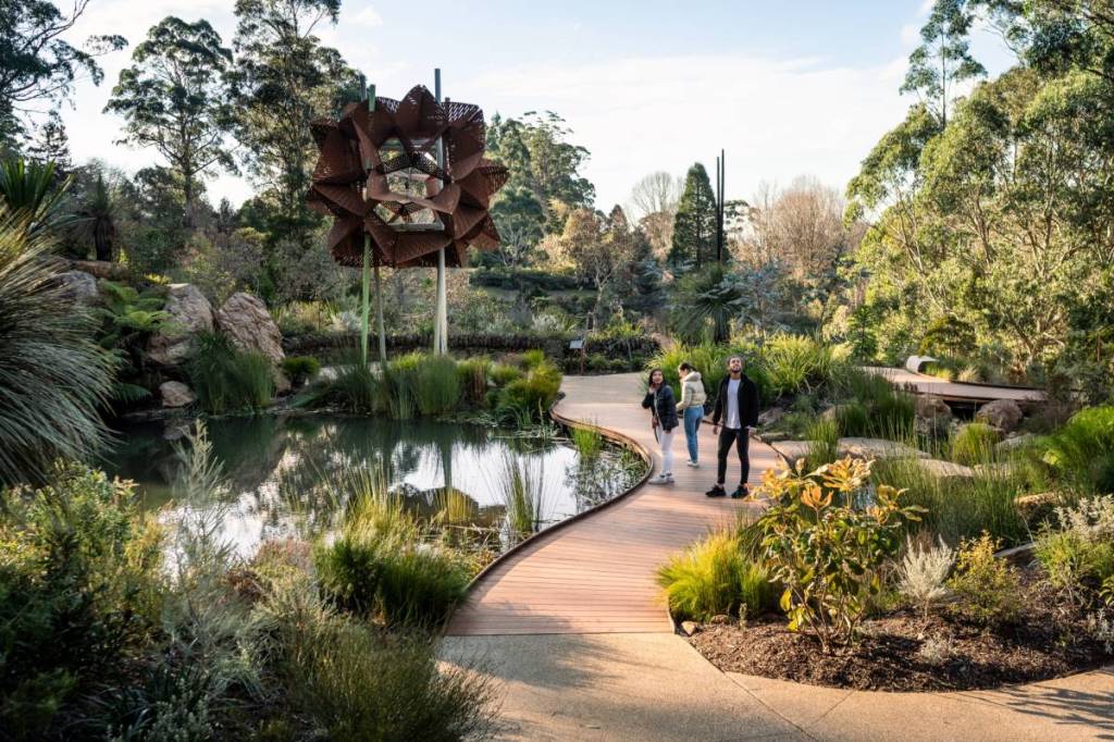 three friends looking around the Chelsea Australian Garden, on a winding path next to a billabong