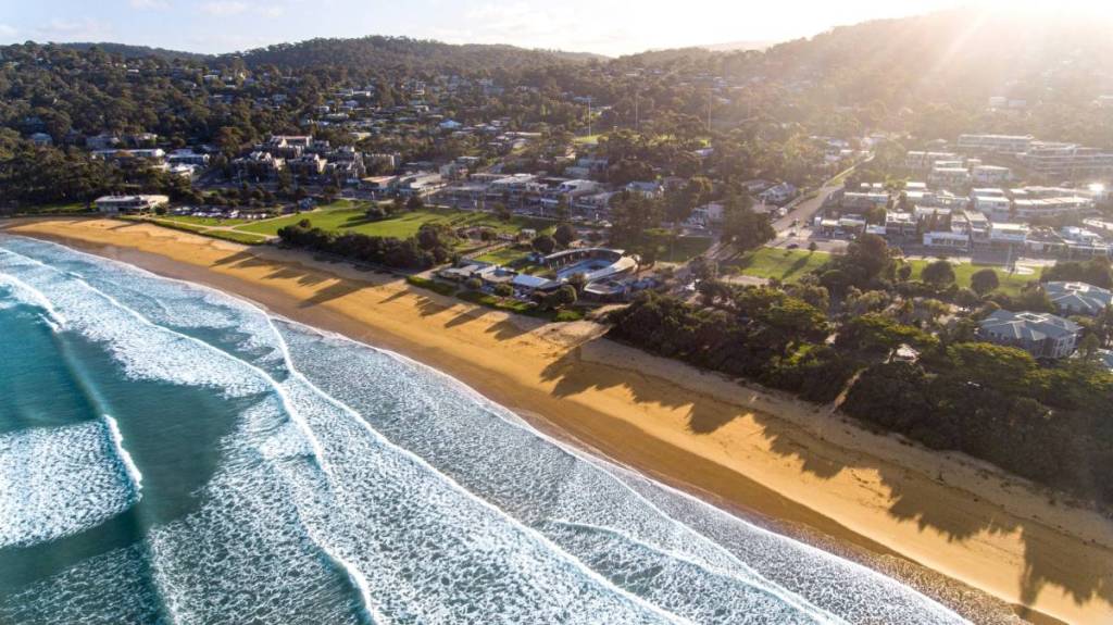 aerial view of Lorne beach, including the pool at Lorne Sea Baths