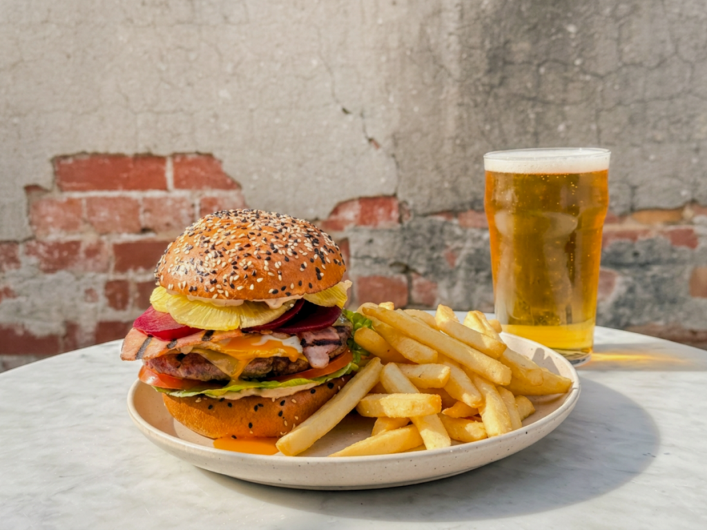 Aussie Works burger at Riverland Bar