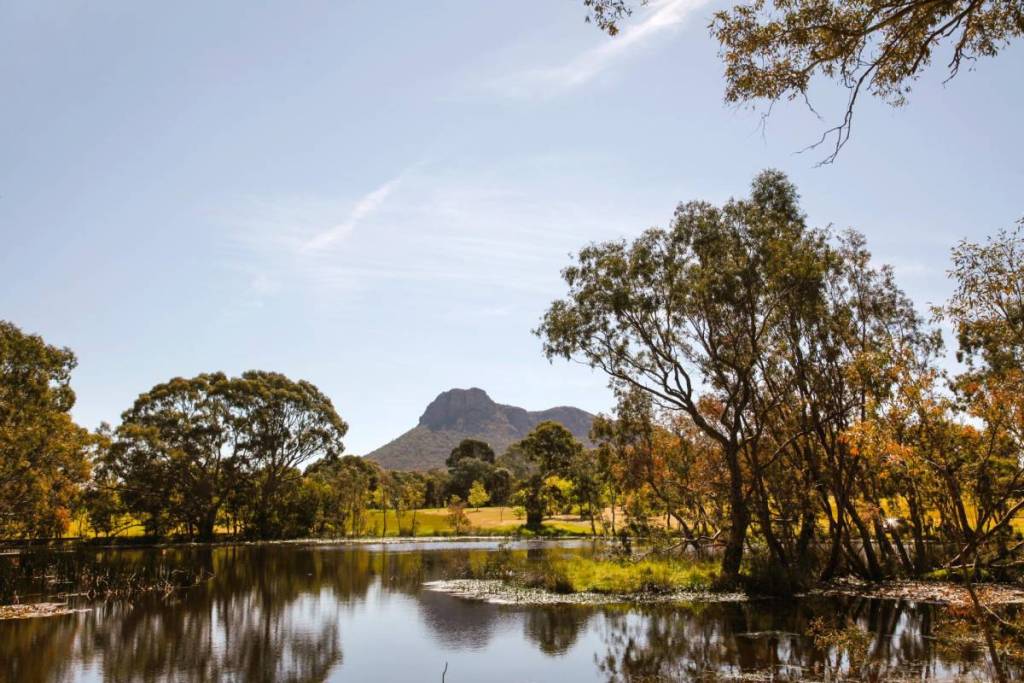 lake or pond at Dunkeld Aboretum, with mountain in background