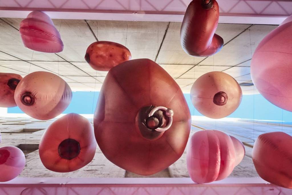 inflatable boob sculptures in Boobie Lane