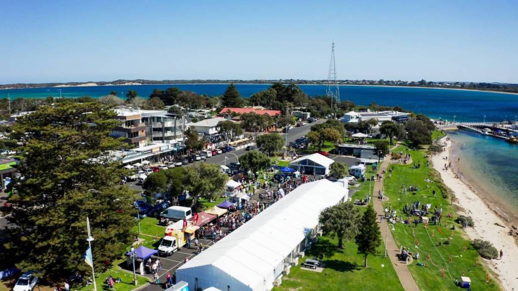 aerial view of the TIDAL Seafood Festival, with marquees and food trucks