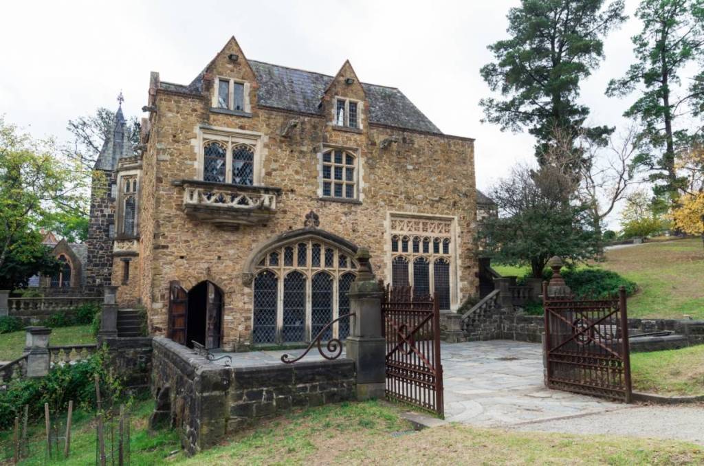 outside the Great Hall building at Montsalvat