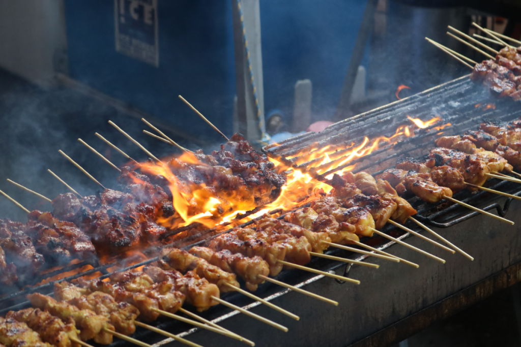 fresh hot satay skewers at tram sarong in melbourne, a free Malaysian cultural festival