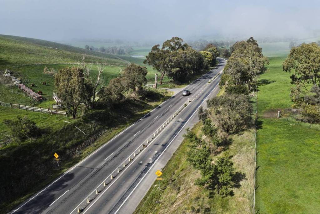 Melba Highway seen from above, with mist in the distance