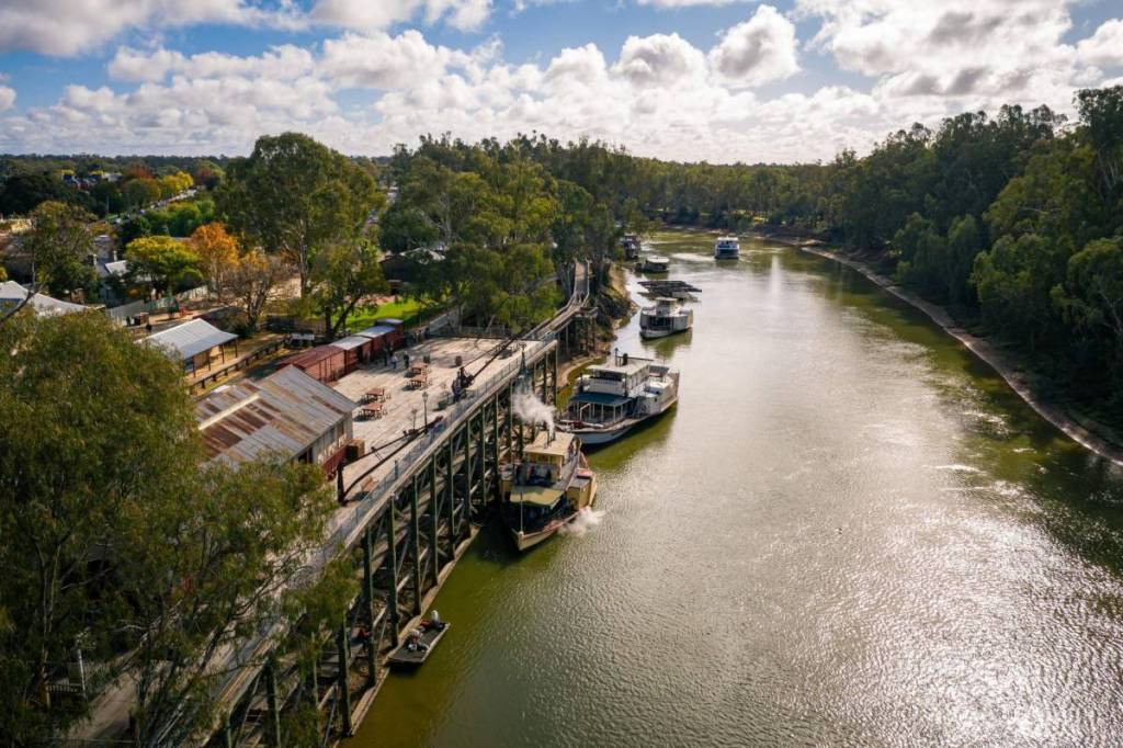 aerial view of Port of Echuca, with Murray River and paddlesteamers