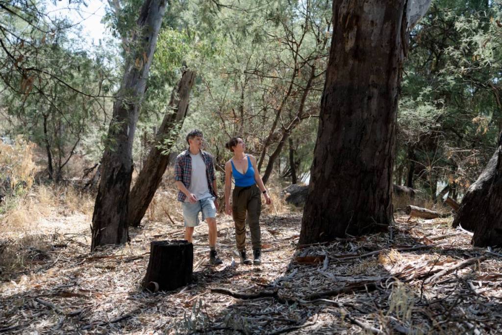 man and woman walking through forest near Echuca