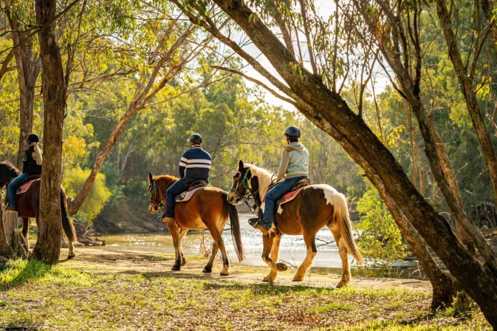 people riding on horses through bushland next to river with Billabong Ranch
