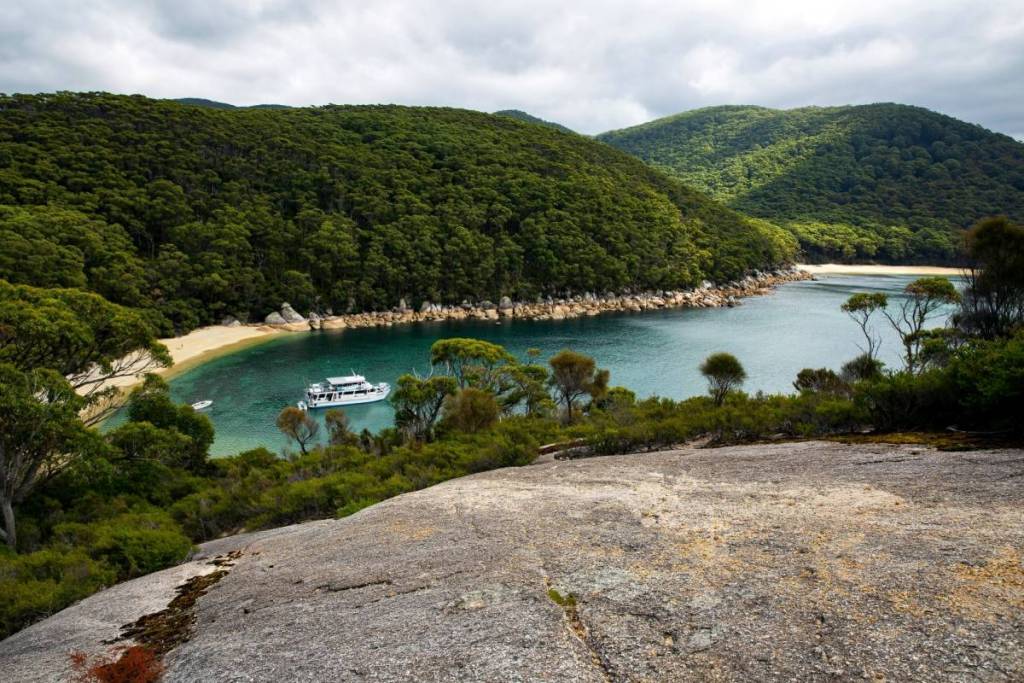 view from a rock looking down at Sealers Cove, with a boat docked offshore