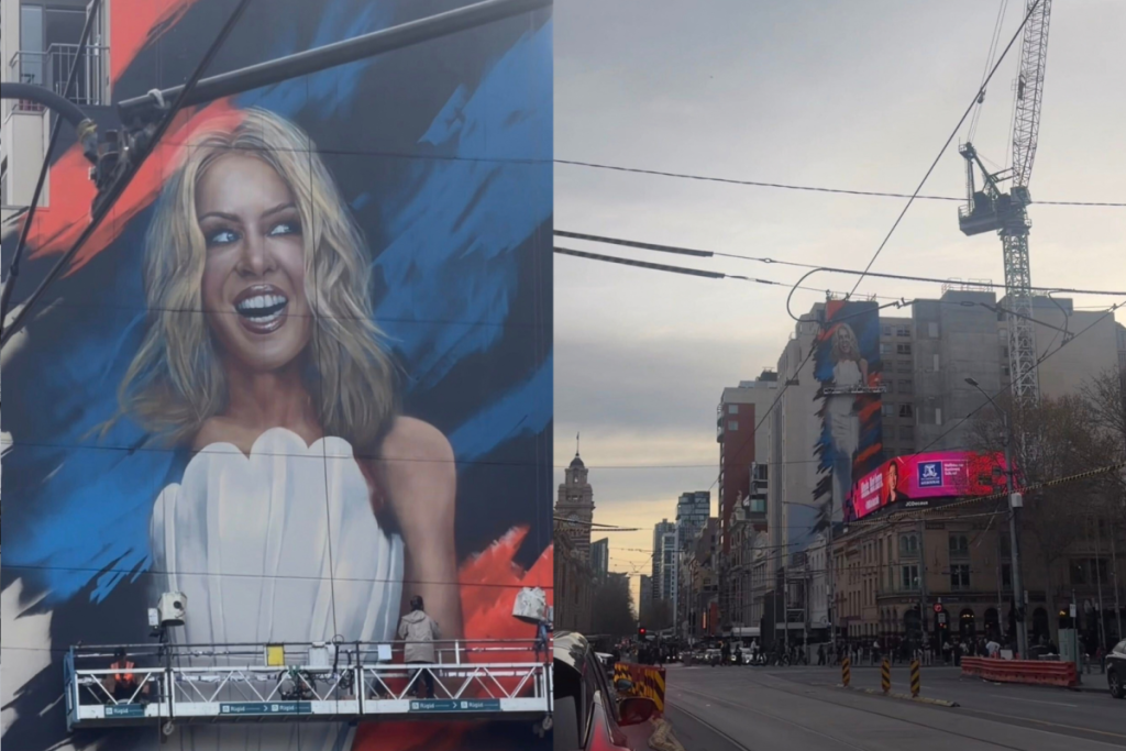 a view of the Kylie Minogue mural from up close and far away