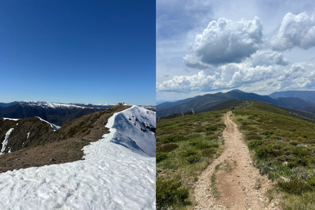 two photos of Razorback trail, one showing snowy conditions on one side of the ridge, and the other showing dry grassy conditions