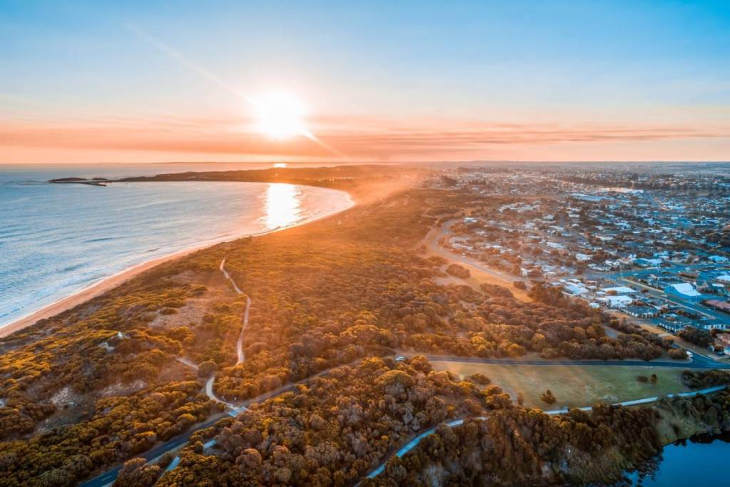 aerial view of Warrnambool town, with parks and ocean visible