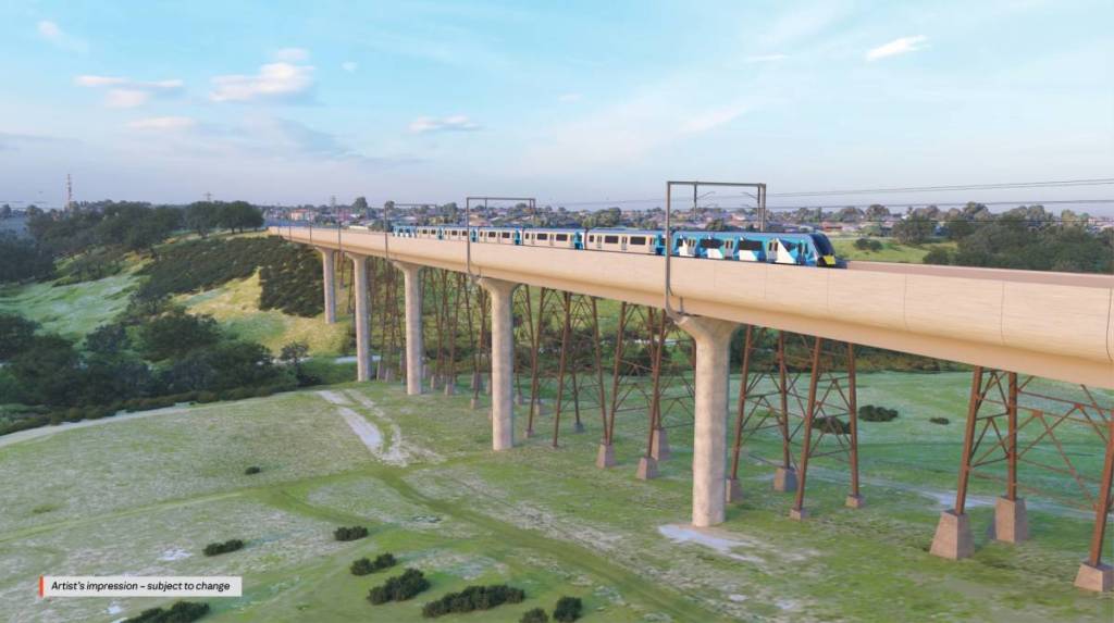 artists impression of train on rail bridge over Maribyrnong River