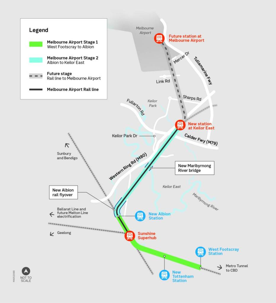 map depicting Melbourne Airport Rail line from Sunshine to the airport