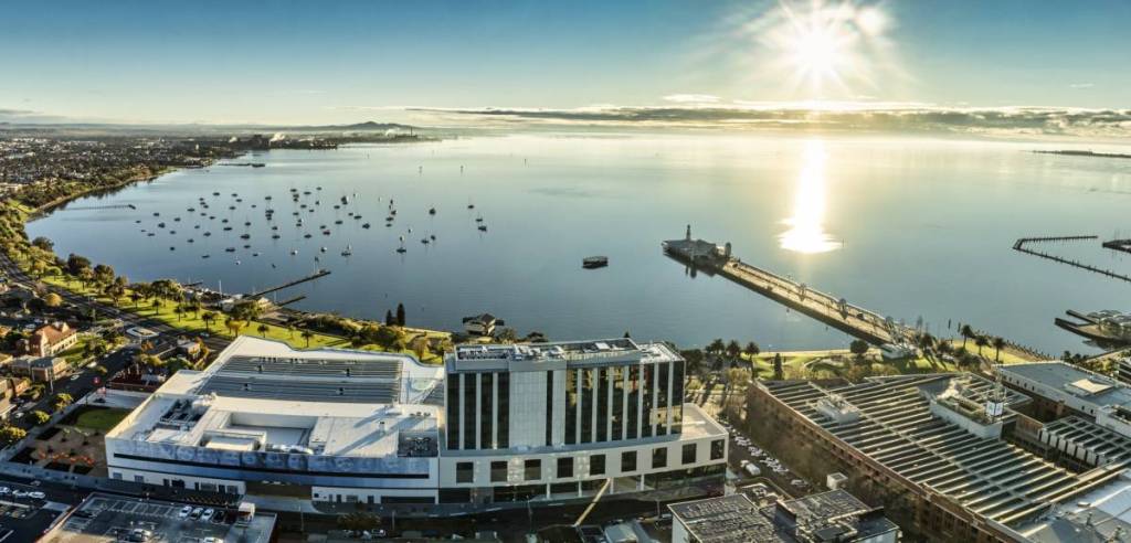 aerial view of convention centre in Geelong, as well as the bay
