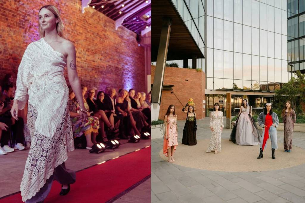 woman walking the runway while other models pose at Geelong Fashion Runway Community Event