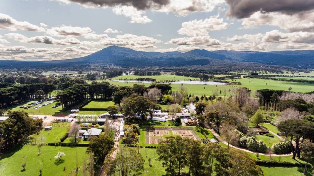 aerial view of Bolobek Garden Fair, with Macedon Ranges in the distance