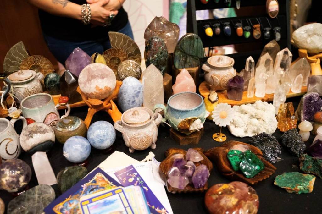 crystals and witchy ceramics at a market stall for WitchFest