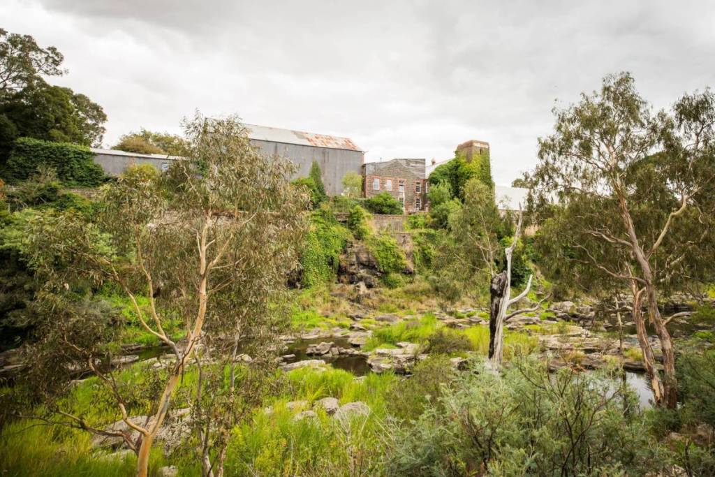 Fyansford Paper Mill over the Barwon River, with plenty of trees