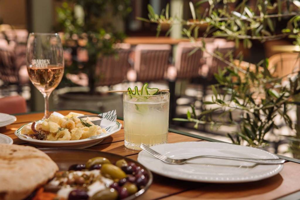 cocktail, glass of wine, calamari and flatbread with olives at Garden State Hotel rooftop