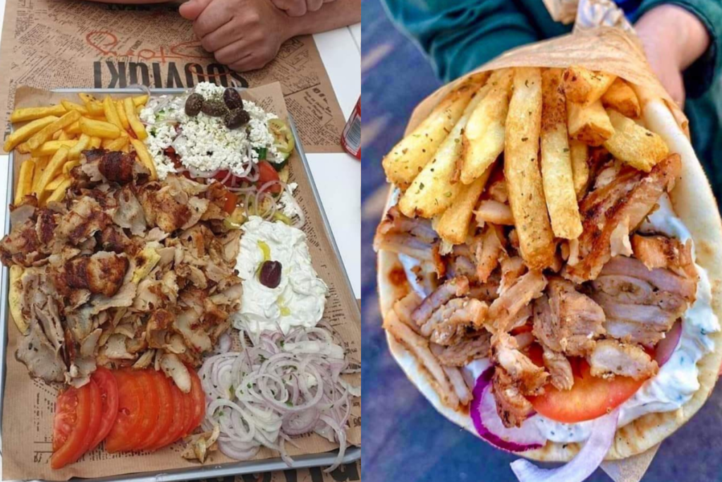 Greek meat with chips and salad on the left, and souvlaki on the right