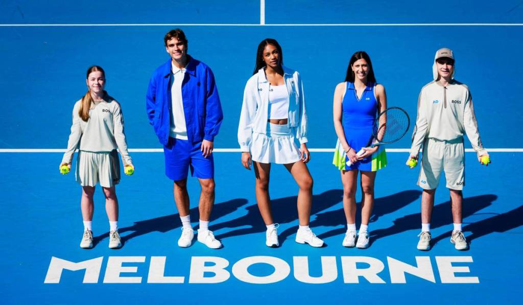 five people in tennis fashion on court for Melbourne Fashion Week