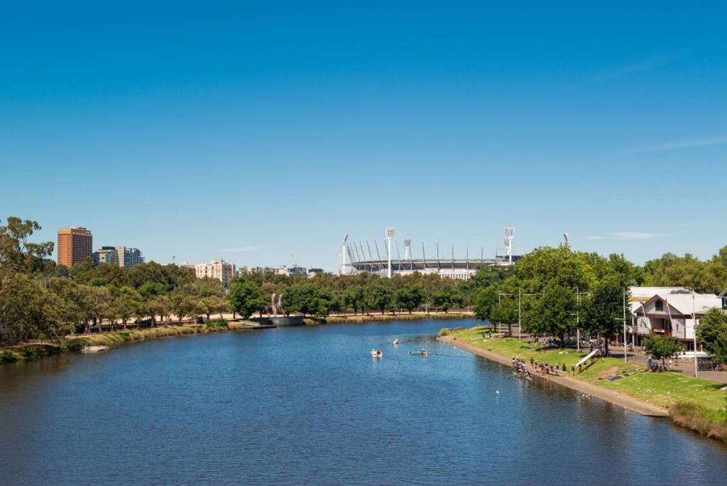 view of Birrarung/Yarra River facing MCG on a sunny day