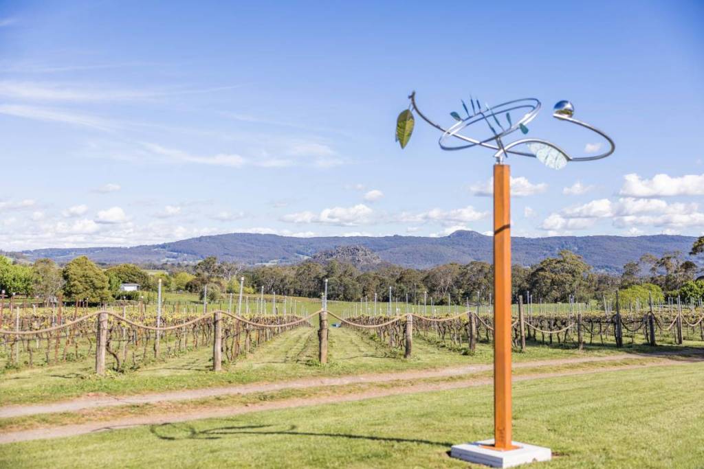 sculpture for art in the vines exhibition with vineyard and Macedon Ranges in the background