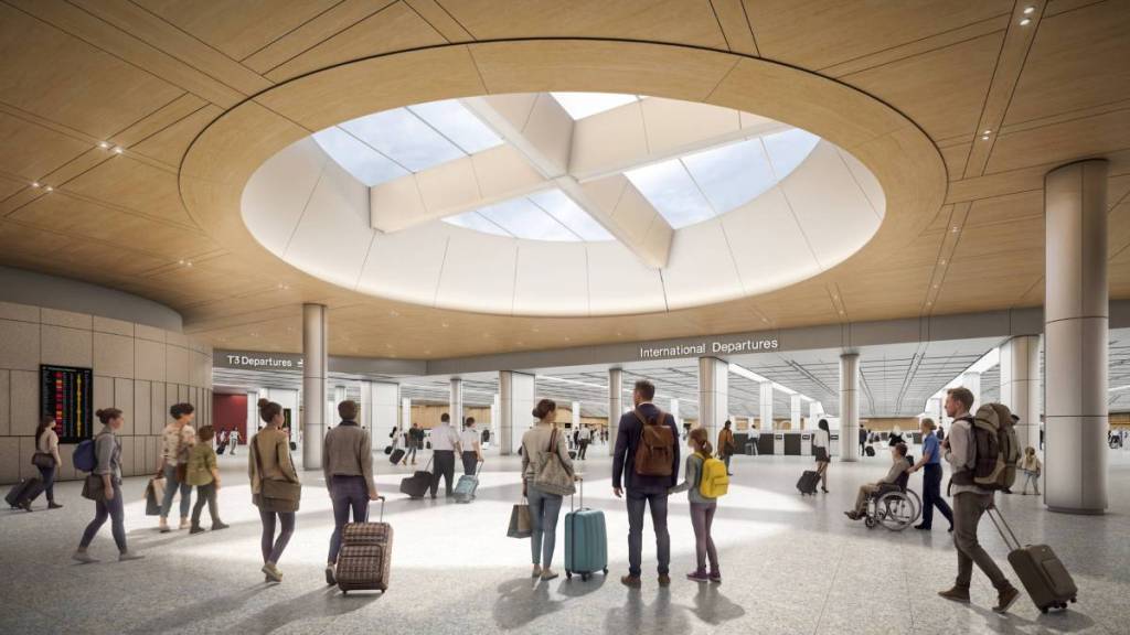 render of people with luggage walking under skylight in Melbourne Airport International Terminal