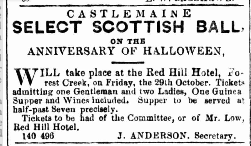 advertisement for Castlemaine Select Scottish Ball on Halloween in 1858