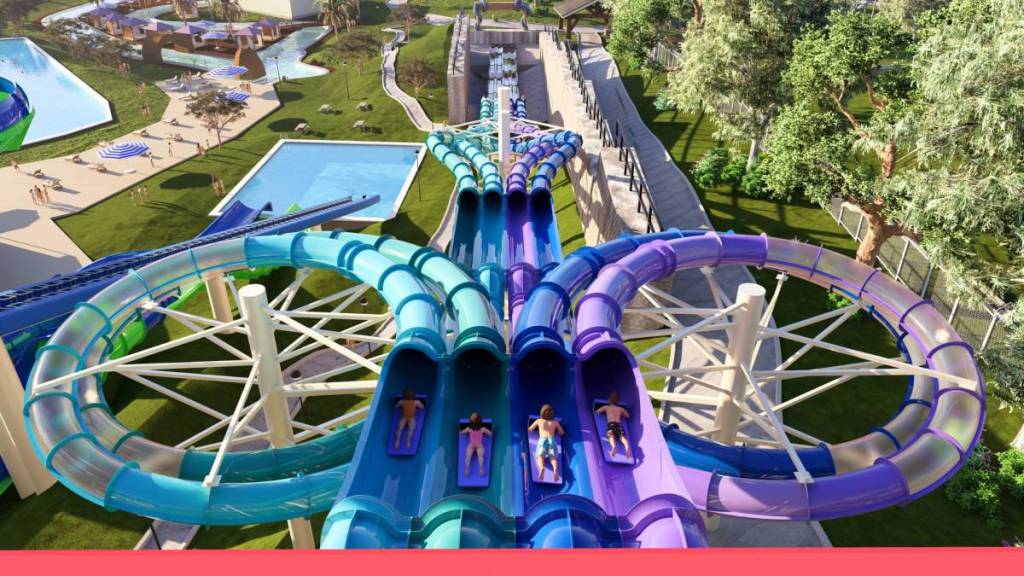 render of the top of Kraken Unleashed waterslide at Funfields with four racers about to go