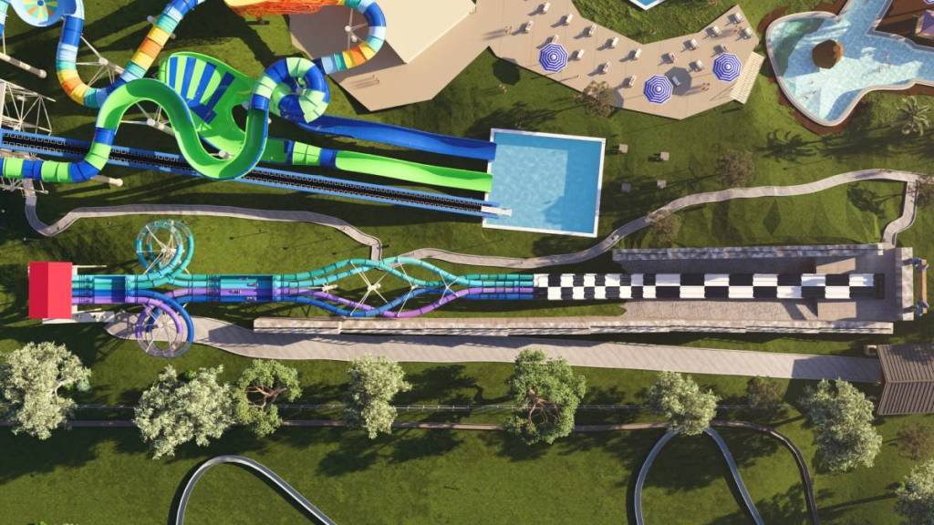 render of view above Kraken Unleashed ride, showing full length