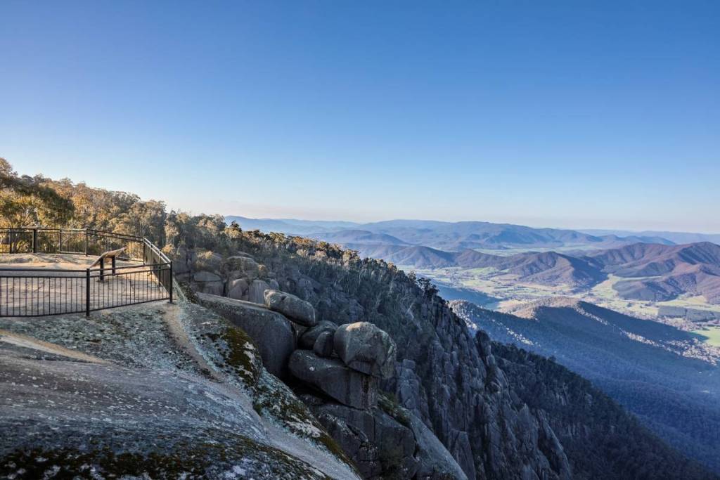 a lookout point overlooking the gorge with a green valley below at Mount Buffalo National Park