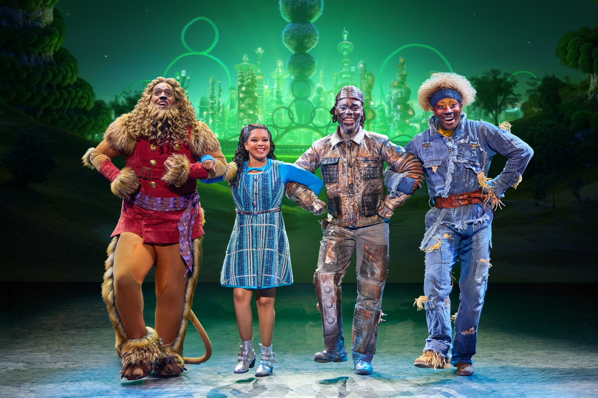 Cal Mitchell as The Lion, Dana Cimone as Dorothy, D. Jerome as The Tinman, and Elijah Ahmad Lewis as The Scarecrow in the North American Tour of THE WIZ.