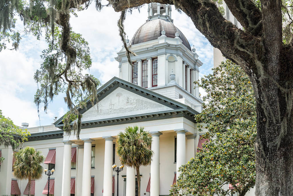 Exterior del edificio del capitolio del estado de Florida durante un día soleado con la arquitectura moderna del gobierno, roble y musgo español