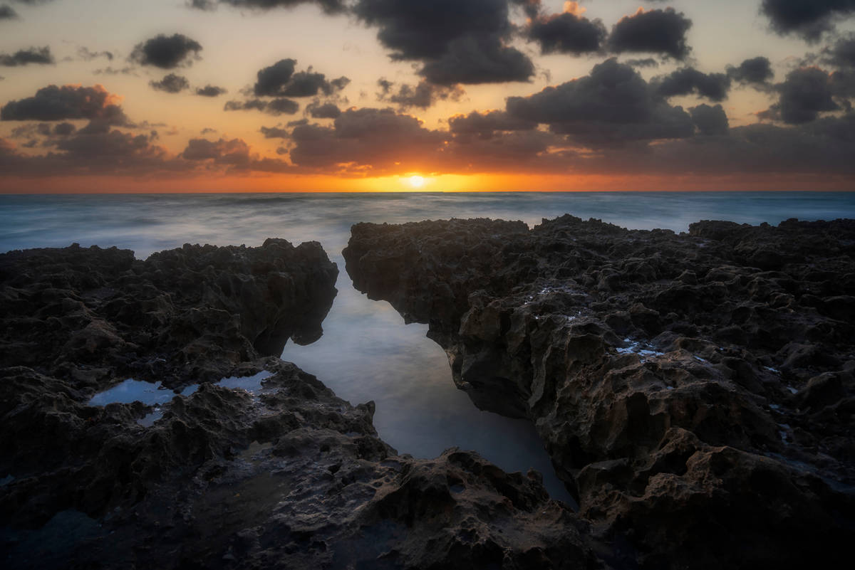 Blowing Rocks Nature Preserve, located on Jupiter Island, Florida, is a protected stretch of rocky coast that provides an excellent sunrise view.