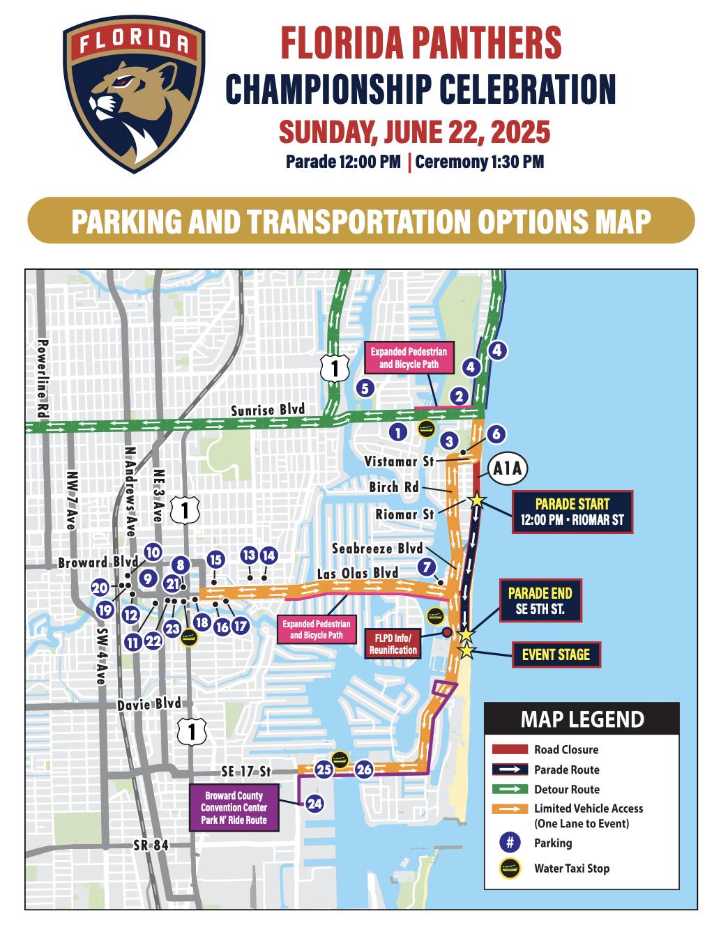 2025 Florida Panthers championship celebration parade map