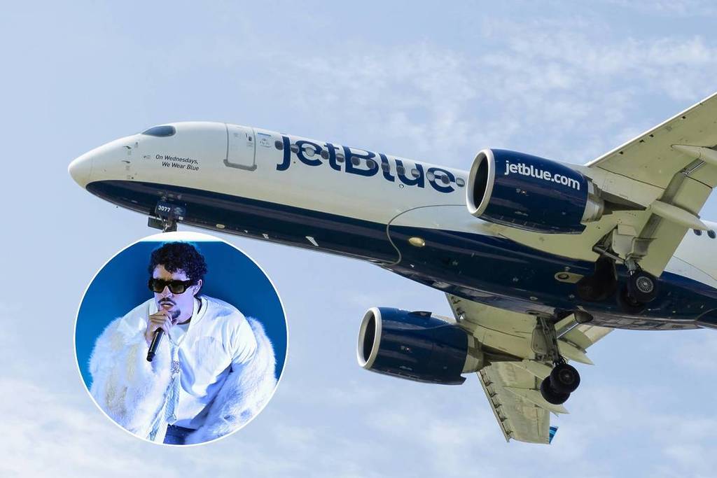 Images of Bad Bunny while performing and a JetBlue plane in the air