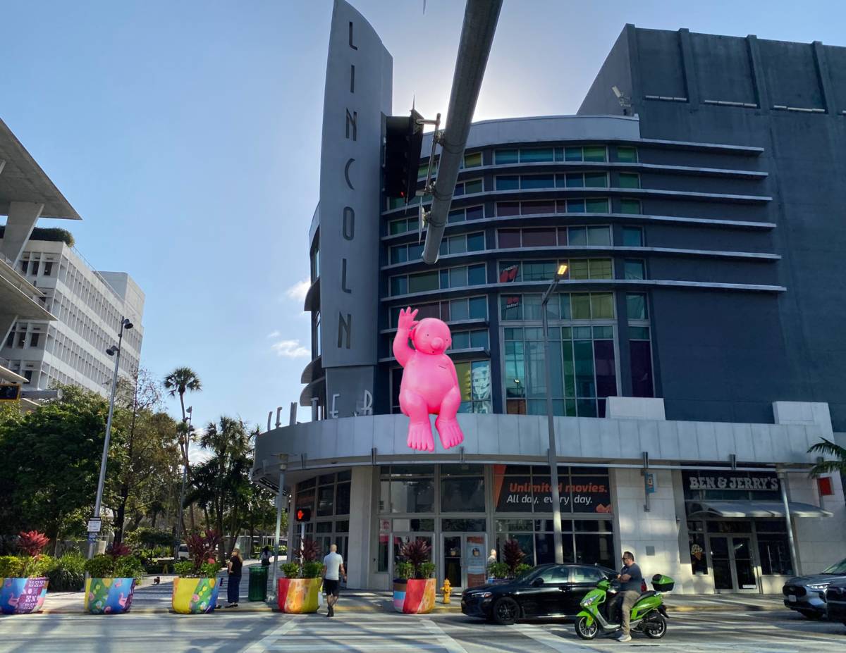Philippe Katerine’s “Mr. Pink Takes Flight” above Lincoln Road