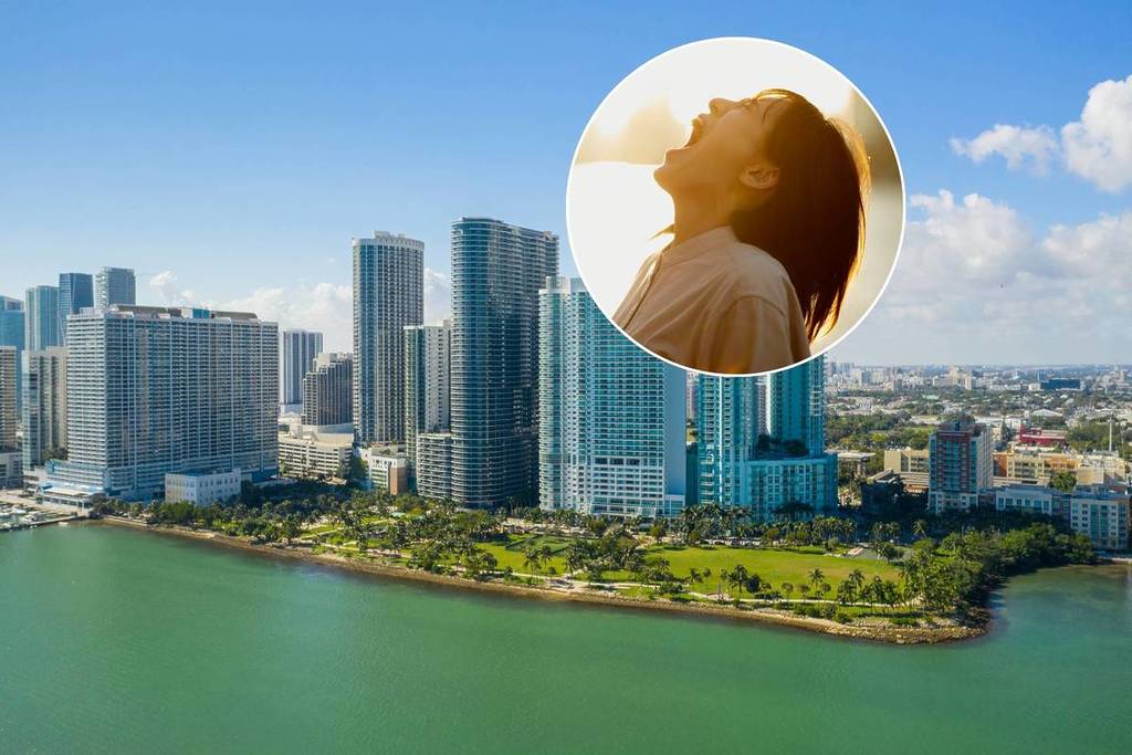 Aerial image of Margaret Pace Park, young woman yelling