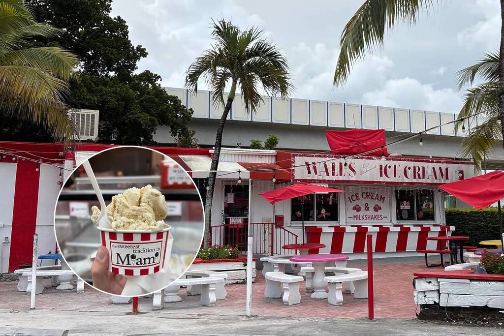 Exterior da Wall's Old Fashioned Ice Cream e mão segurando uma colher de sorvete