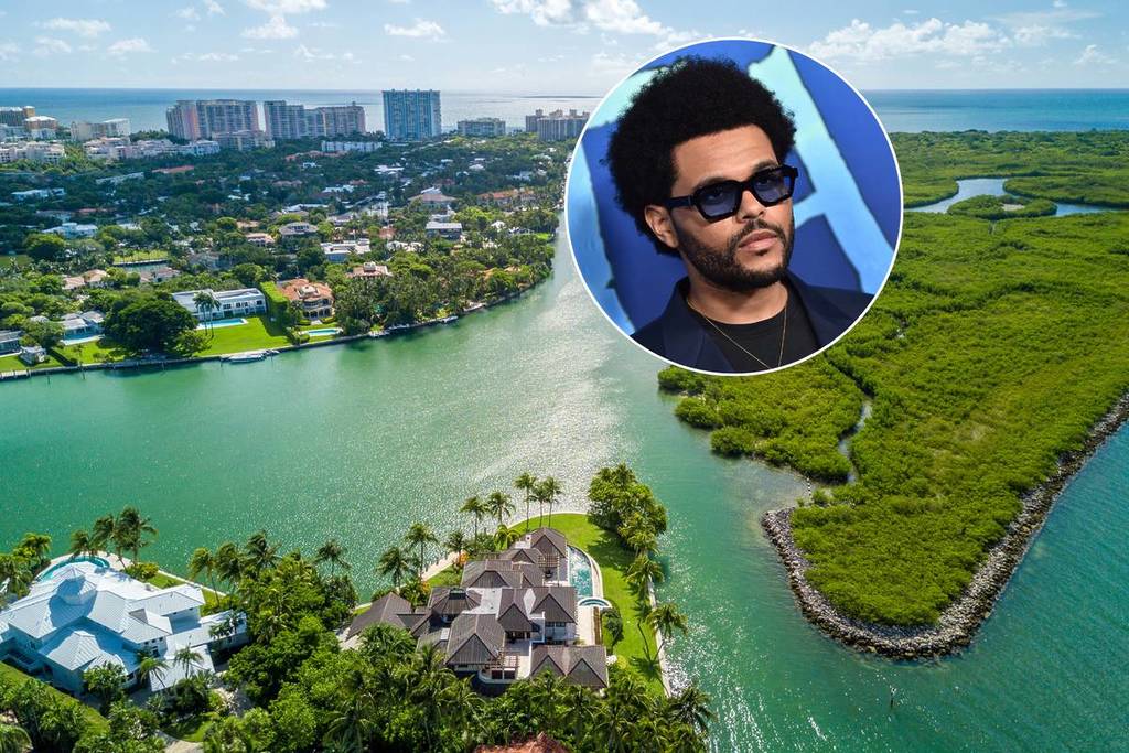 Des maisons sur les voies navigables de Coral Gables photographiées par un drone et une photo de The Weeknd