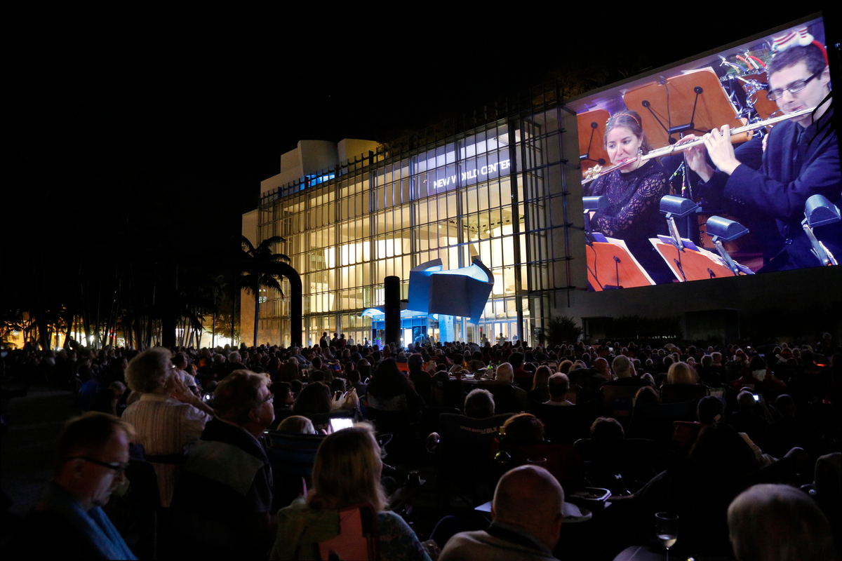 The New World Symphony celebrates Wallcast SoundScape Park concerts, a 7,000 square-foot projection on the New World Center building.
