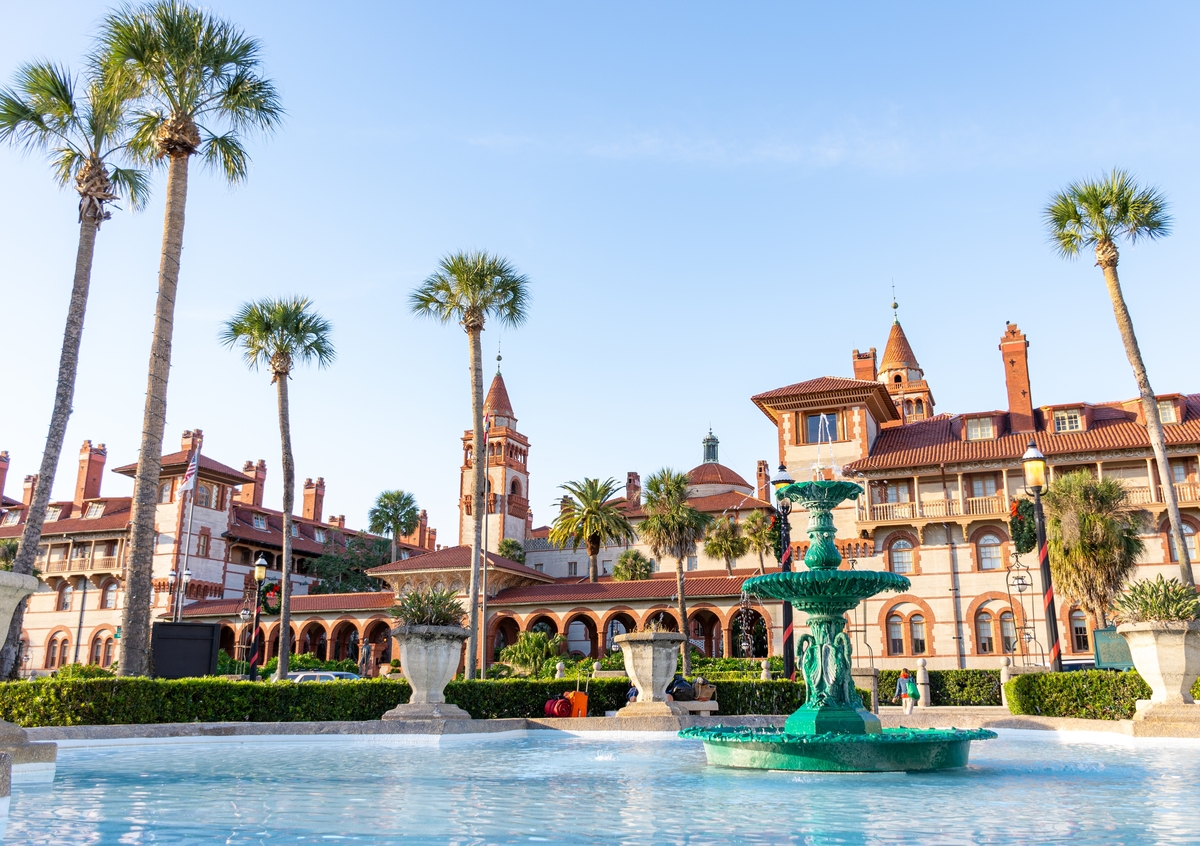 Flagler College in St. Augustine with a fountain in the foreground