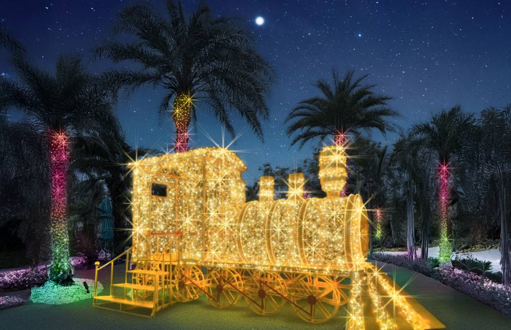 Lit up train display for Hard Rock the Holidays