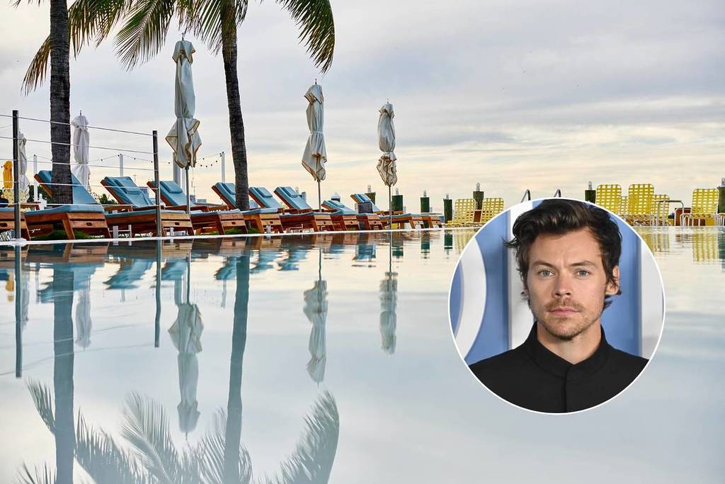 Images of Harry Styles at a premiere and exterior of The Standard Spa Miami Beach