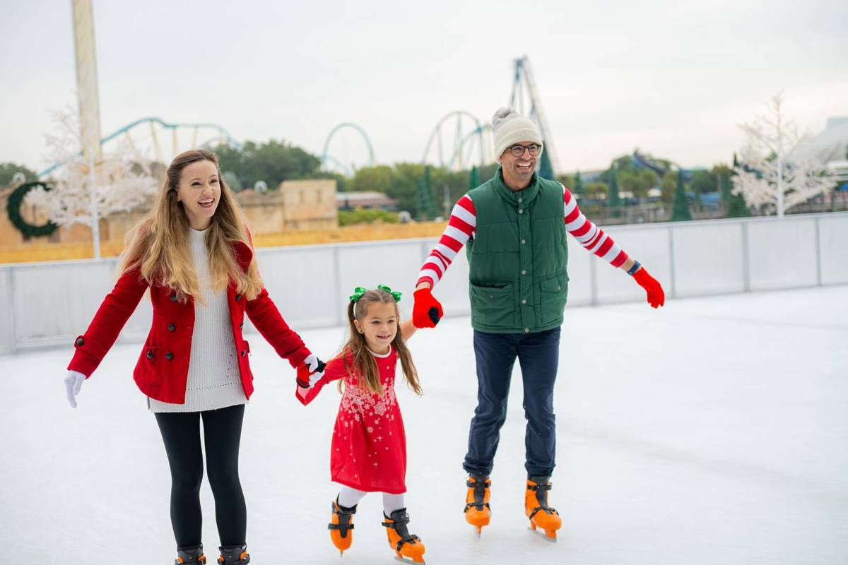family ice skating at SeaWorld Orlando