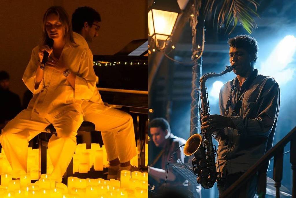 photo collage of candlelight concert and the jazz room