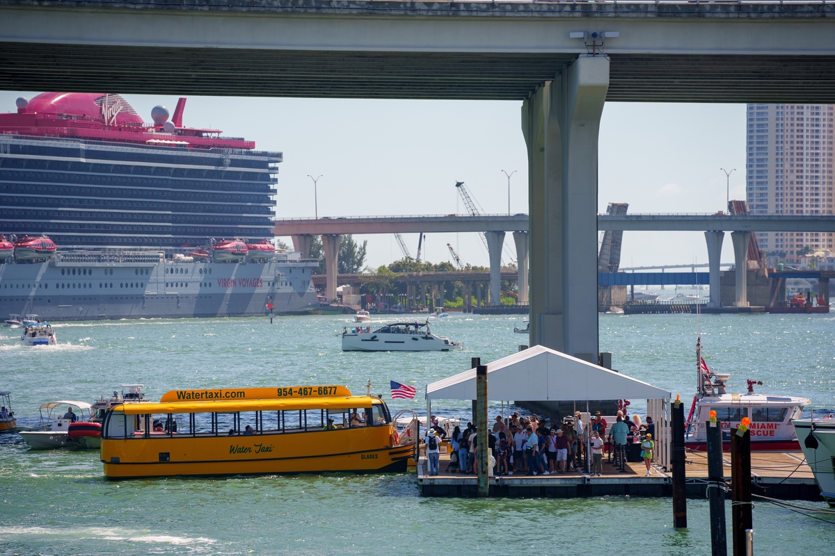 Miami, FL, USA - February 19, 2023: Photo of the Miami International Boat Show Venetian Causeway staging area