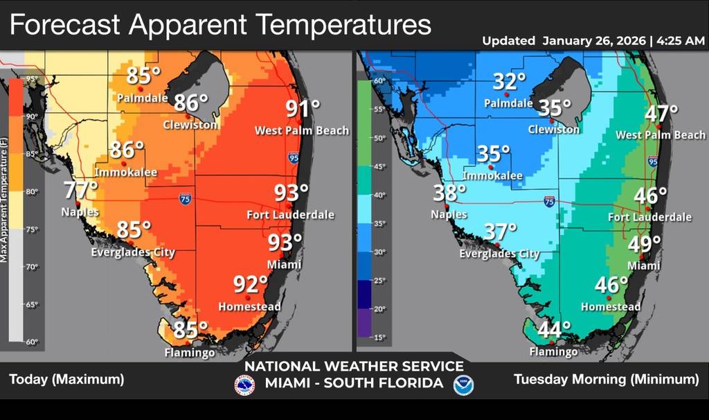 temperature maps comparing of january 26 to january 27 in south florida
